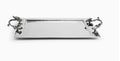 A rectangular silver serving tray with decorative metal handles on each end, shown on a plain white background.