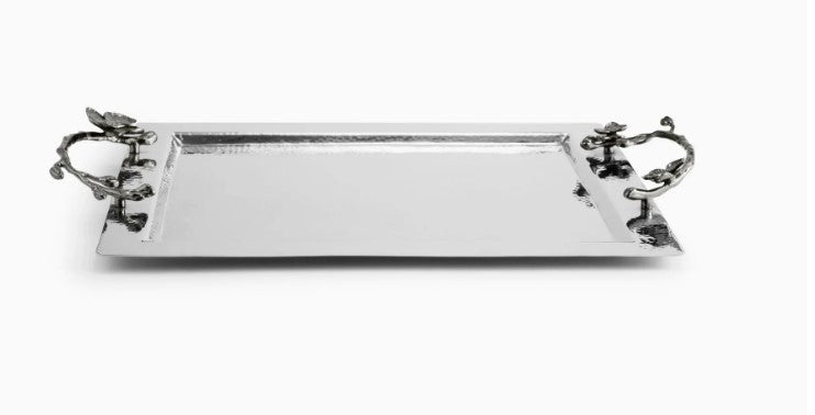 A rectangular silver serving tray with decorative metal handles on each end, shown on a plain white background.